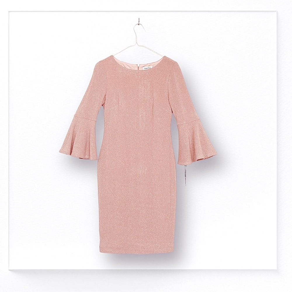 Calvin Klein Sheath Dress 3/4 Bell Sleeve Glitter Knee Length Back Zip  Lined